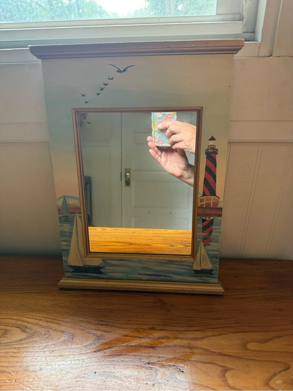 Vintage Coastal Lighthouse Hand-Painted Nautical Wall Mirror